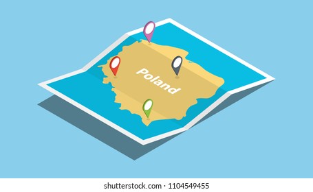 Explore de Polonia mapea la nación del país con estilo isométrico y etiqueta de ubicación de pin en la Ilustración vectorial superior