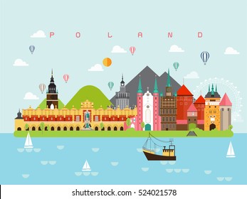 Poland Famous Landmarks Infographic Templates for Traveling Minimal Style and Icon, Symbol Set Vector Illustration Can be use for Poster Travel book, Postcard, Billboard.