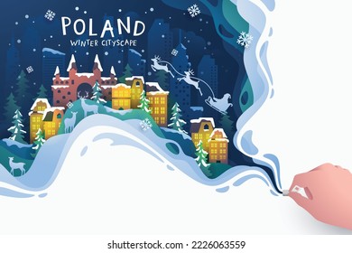 Poland famous landmarks travel banner in winter