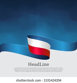 Poland flag background. Wavy ribbon poland flag colors on blue white background. National poster. Polish state patriotic banner, cover, flyer. Vector design