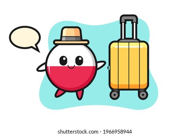 Poland flag badge cartoon illustration with luggage on vacation, cute style design for t shirt, sticker, logo element