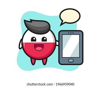 Poland flag badge illustration cartoon holding a smartphone, cute style design for t shirt, sticker, logo element