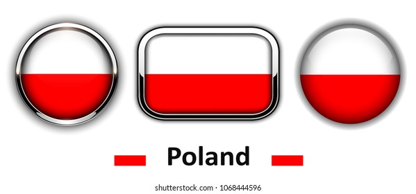 Botones de bandera de Polonia, iconos vectoriales brillantes 3d.