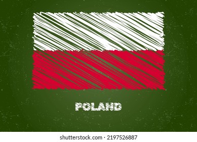 Poland flag with chalk effect on green chalkboard, hand drawing country flag concept, green blackboard with Poland flag, chalk texture, flag for kids, classroom material