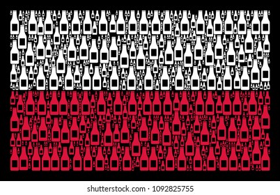 Poland Flag collage created from beer bottle design elements. Flat vector beer bottle icons are arranged into geometric Polish flag collage on a black background.