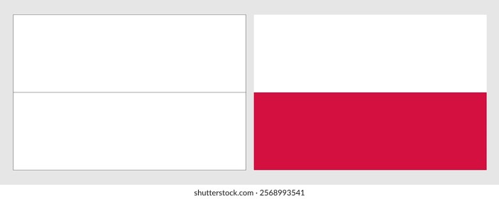 Poland flag - coloring page. Set of white wireframe thin black outline flag and original colored flag.