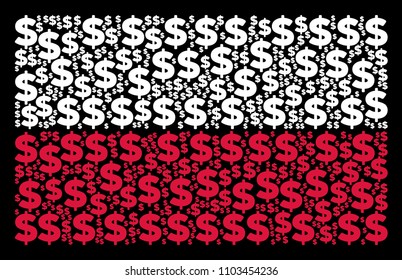 Poland Flag composition constructed with dollar pictograms. Flat vector dollar icons are combined into mosaic Poland flag composition on a black background.