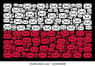 Poland Flag composition made from mail envelope design elements. Flat vector mail envelope icons are organized into mosaic Poland flag illustration on a black background.