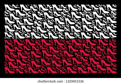 Poland Flag concept created from lady shoe pictograms. Flat vector lady shoe symbols are arranged into mosaic Polish flag illustration on a black background.