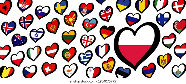 Poland flag and different countries flags with heart flags logo. For Europe, eurovision music song festival, contest. Music songs for vision dreams. Vector euro TV icon pattern. 