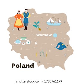 Polnische Flagge flach handgezeichnete Vektorgrafik mit Hauptname, und Cartoon-Thema Clip-Kunst. Warschauer Reise oder Reise im Comic-Stil. Infografik Poster, Banner Concept Design.