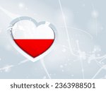 Poland Flag in the form of a 3D heart and abstract paint spots background. Flag of Poland. Use for brochures, printed materials, logos, signs, elements, etc.