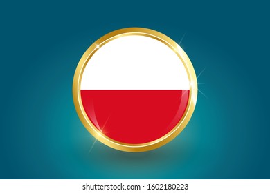 Poland flag in the form of a circle, can be used for independence day or other events. Poland icon gold glossy badge button with Poland flag and shadow on light background. vector illustration EPS 10.