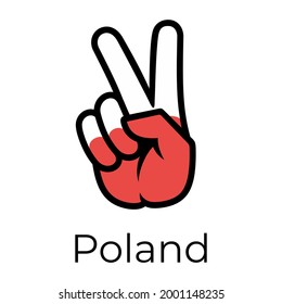 Poland flag in the form of a peace sign. Gesture V victory sign, patriotic sign, icon for apps, websites, T-shirts, souvenirs, etc., isolated on white background