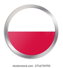 Poland flag - glossy circle button in metal frame displays a colorful flag of a country cultural identity and heritage. The essence of national pride and unity.