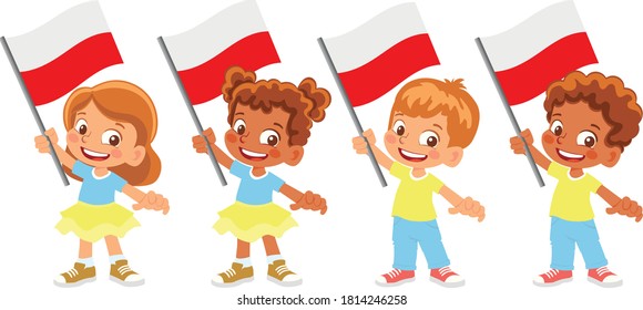 Poland flag in hand. Children holding flag. National flag of Poland vector