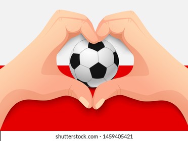 Poland flag and hand heart shape. National football background. Soccer ball with flag of Poland vector illustration