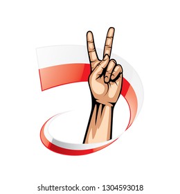 Poland flag and hand on white background. Vector illustration