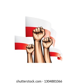 Poland flag and hand on white background. Vector illustration