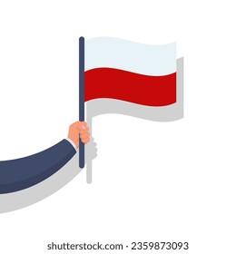 Polnische Flagge, die in der Hand hält, einzeln auf weißem Hintergrund. Nahaufnahme der schwenkbaren Flagge Polens. Flaches Vektorgrafik-Design. Einzeln auf weißem Hintergrund.