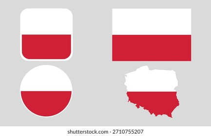 Poland Flag Icon Set in Square, Round, and Map Shapes. Clean Modern Collection. Perfect for use in apps, websites, presentations, infographics, educational materials, travel content.	