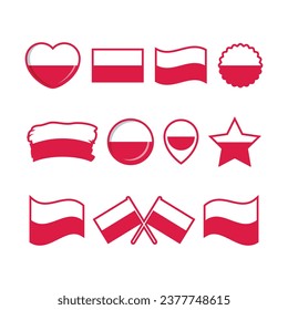Indicador de Polonia conjunto de vectores aislados en un fondo blanco. Elemento de diseño gráfico de la bandera polaca. Colección de símbolos de la bandera de Polonia. Conjunto de iconos de la bandera de Polonia en estilo plano