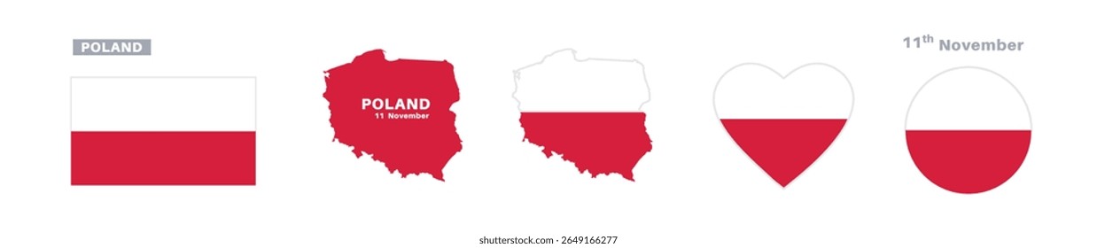 polônia bandeira e conjunto de mapas. polônia bandeira em cores oficiais e proporções. independência dia 11 novembro, mapa, círculo e coração em forma de polônia