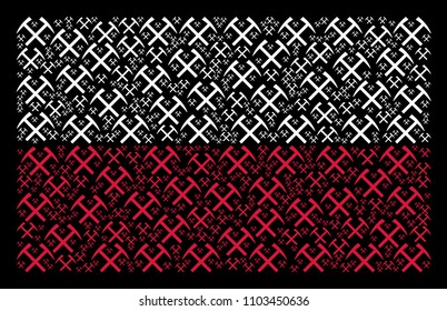 Poland Flag mosaic composed with mining hammers elements. Flat vector mining hammers icons are arranged into geometric Poland flag composition on a black background.
