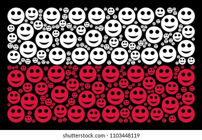 Poland Flag mosaic formed of smile elements. Flat vector smile symbols are united into mosaic Polish flag pattern on a black background. Designed for political and patriotic posters.