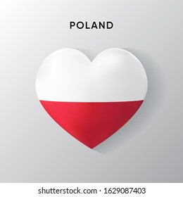 Poland flag on a realistic heart shape, vector illustration on a white background