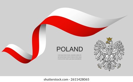 Poland flag on Waving ribbon with white royal eagle, coat of arms of Poland , vector illustration.
