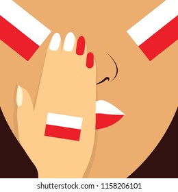 poland flag painted on supporter face for soccer or football. vector illustration