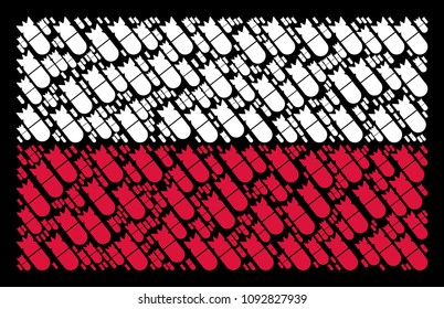 Poland Flag pattern organized of aviation bomb pictograms. Flat vector aviation bomb icons are organized into geometric Poland flag composition on a black background.