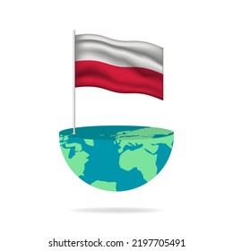 Poland flag pole on globe. Flag waving around the world. Easy editing and vector in groups. National flag vector illustration on white background.