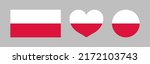 Poland flag. Polish icon. Official flag of poland. White-red round, heart and square shapes. Isolated button, emblem and label for national, sport and travel. Europe banner. Vector.