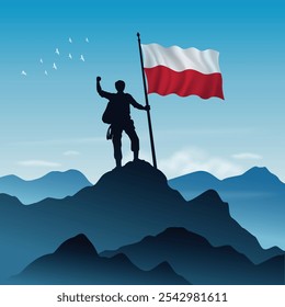 Poland  Flag raised on a mountain peak with clear sky in the background, vector illustration