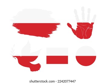 Bandera de Polonia, bandera de la colección de Polonia. Bandera en forma de grunge, Dove, Handprint, cuadrado y redondo. ilustración vectorial