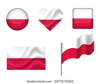 Polen Flagge - Satz von Symbolen. Vektorgrafik Flagge von Polen, Symbol. Set von polnischen Fahnen - Button, gewunken, Herz.