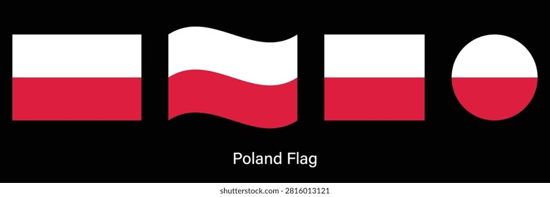 Poland Flag Set with Waving, Circle and Rectangle Shapes Vector Illustration