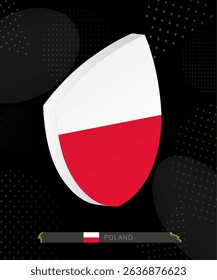 Poland Flag Shield icon in 3D on Dark Modern Abstract Rugby Background. Perfect for sports events, heritage themes, national celebrations, and patriotic designs.