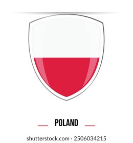 Poland flag shield shape 3d button glossy and shiny vector illustration isolated on white background for national day of Poland 11 November celebration. Made in Poland badge flag.