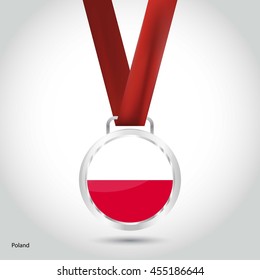 Poland Flag in Silver Medal. Vector Illustration. RIO Olympic Game silver Medal. Vector Illustration