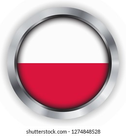 Poland flag in steel circle emblem button with shadows and shine