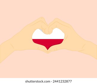 Poland flag with two hands heart shape, express love or affection concept, support or donate to Poland, hand heart love sign, vector design, patriotism and nationalism idea