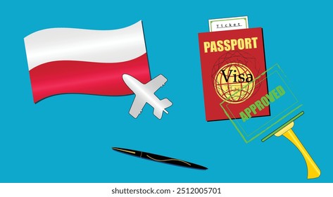 Poland flag with white plane icon. Passport with visa approved stamp. Black stylish Pen. Poland Travel poster. Editable vector EPS available