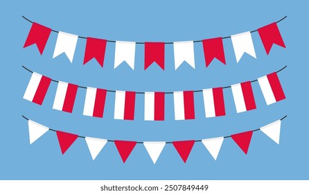 Poland flags garland hanging buntings for Independence Day celebration. Polish flags on ropes isolated on blue background. Vector illustration.