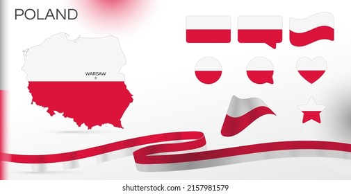 Poland flags set. Various designs. Map and capital city. World flags. Vector set. Circle icon. Template for independence day. Collection of national symbols. Ribbon with the colors of the flag