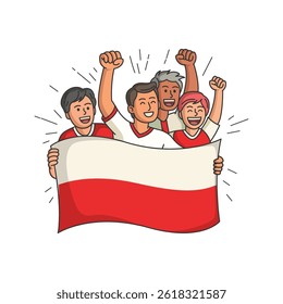 Poland Football fans support with flag. People Cricket match enjoy, celebrating game together. Flat vector illustration