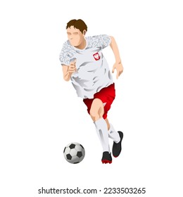 Poland football player dribbling the ball wearing home kit jersey. white with pattern in shoulder and red color uniform.