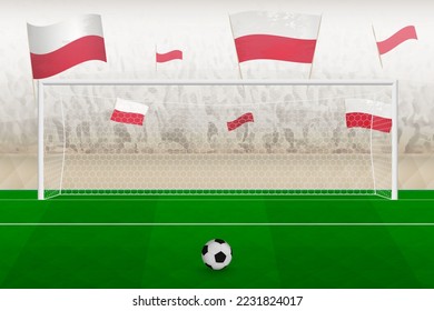 Poland football team fans with flags of Poland cheering on stadium, penalty kick concept in a soccer match. Sports vector illustration.